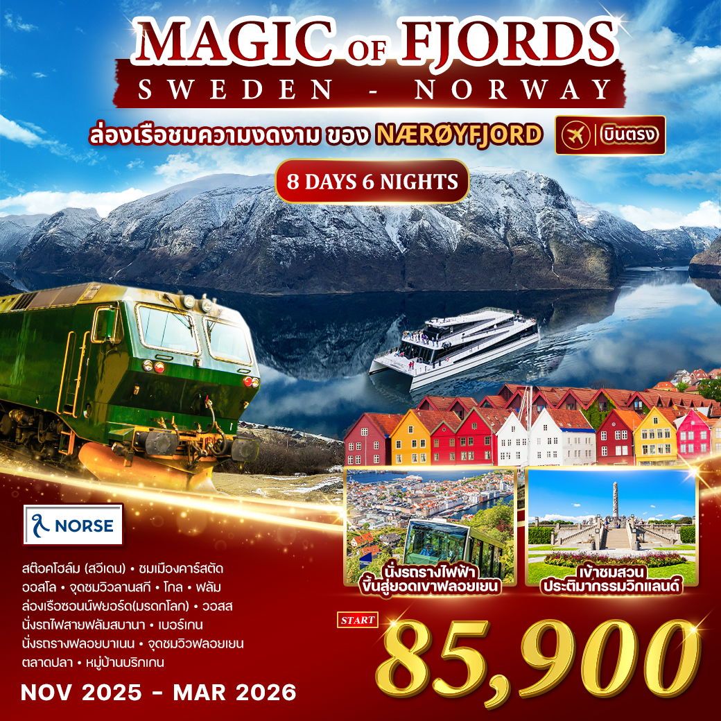 นอร์เวย์ - สวีเดน Magic of the Fjords 8 วัน (A1) NOV 25 - MAR 26