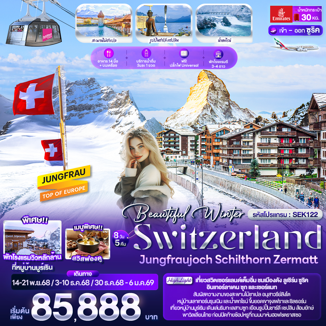 Beautiful Winter SWITZERLND Jungfraujoch Schilthorn Zermatt 8 วัน 5 คืน